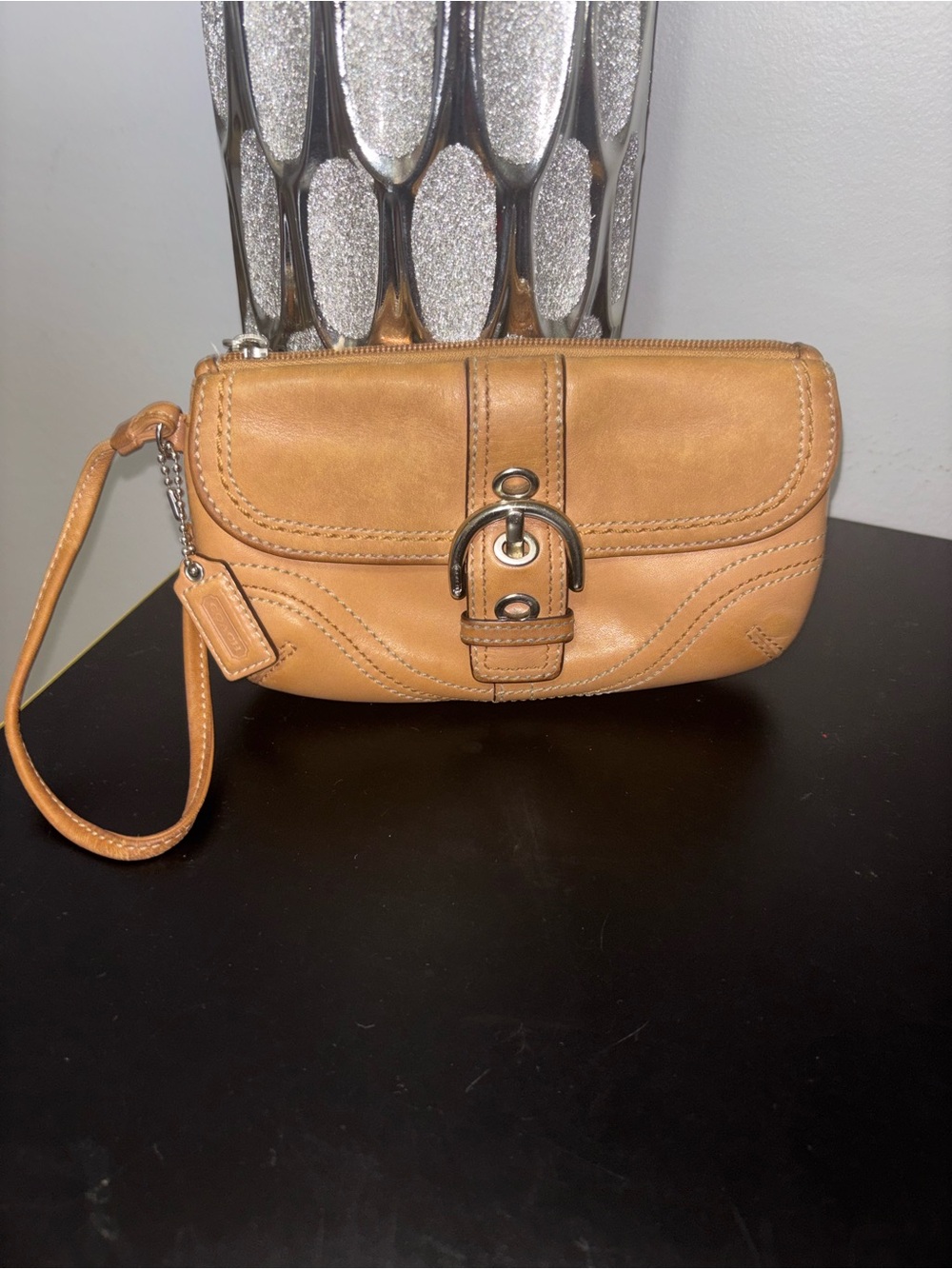 Coach Tan Pebbled Leather Wristlet Clutch with Buckle Accent